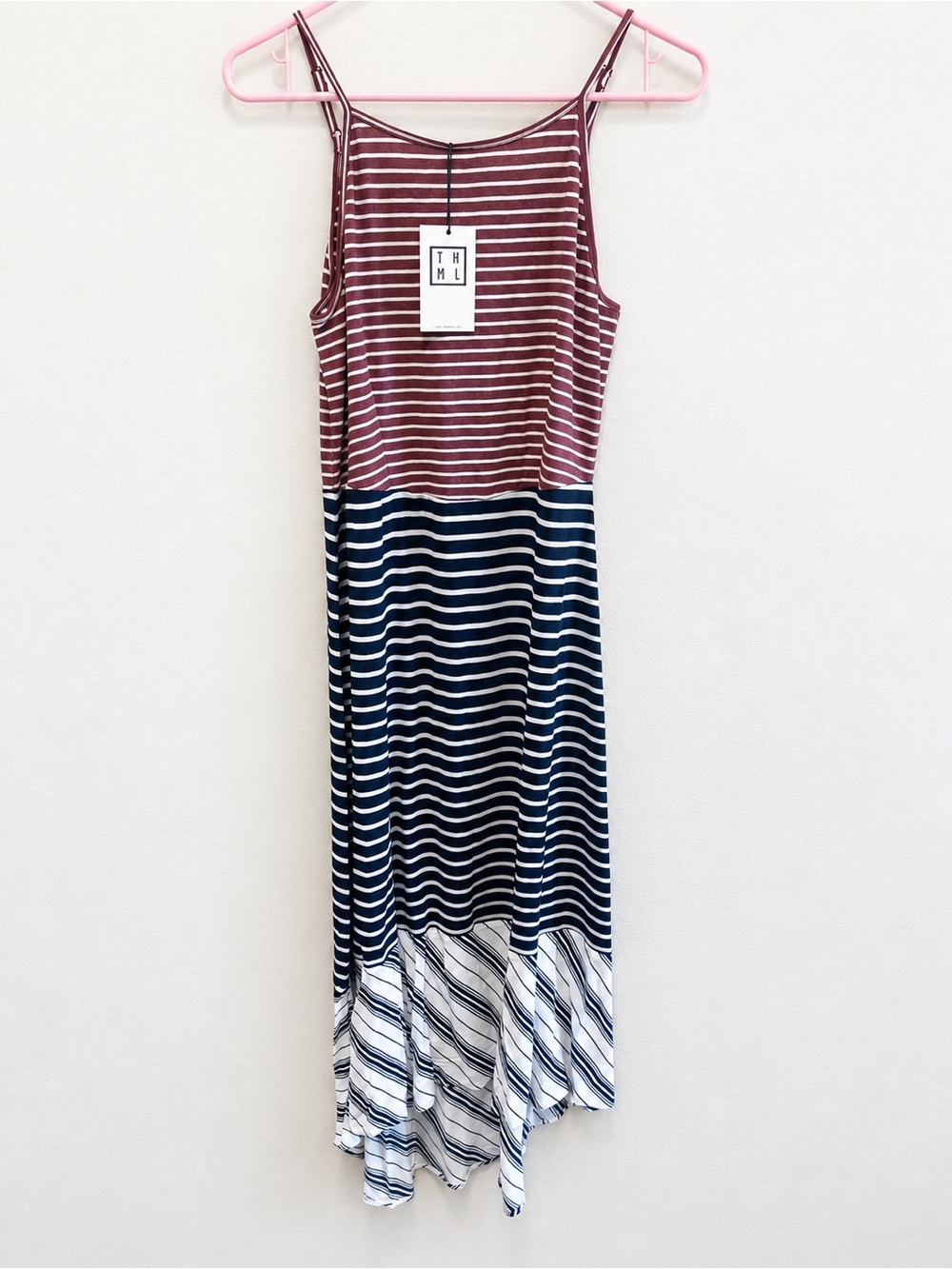 THML Striped Spaghetti Strap Maxi Dress - Maroon, Navy & White